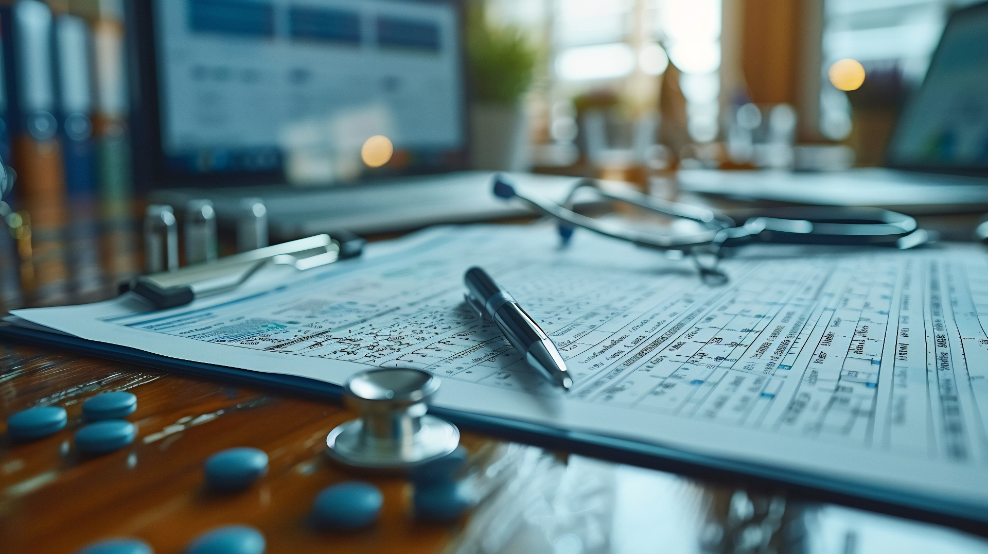 Healthcare policy documents, stethoscope and analytics dashboard on a clinician's desk.