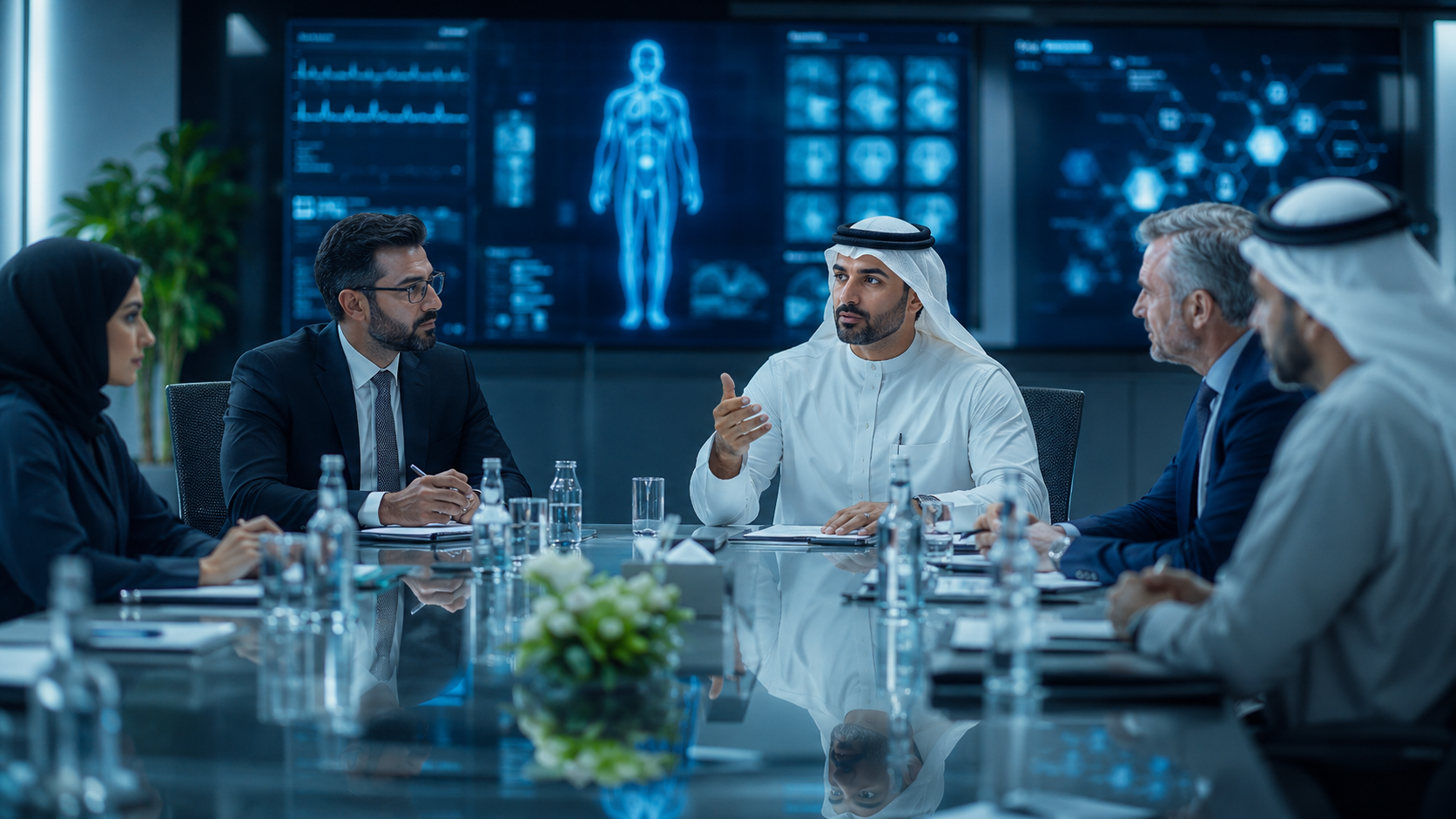 Healthcare leaders collaborating around clinical data and health analytics in a modern boardroom.