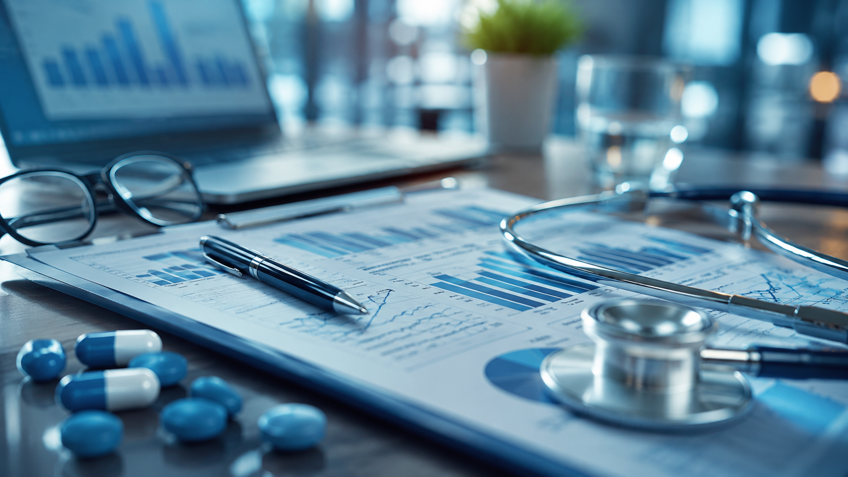 Healthcare policy documents, stethoscope and analytics dashboard on a clinician's desk.