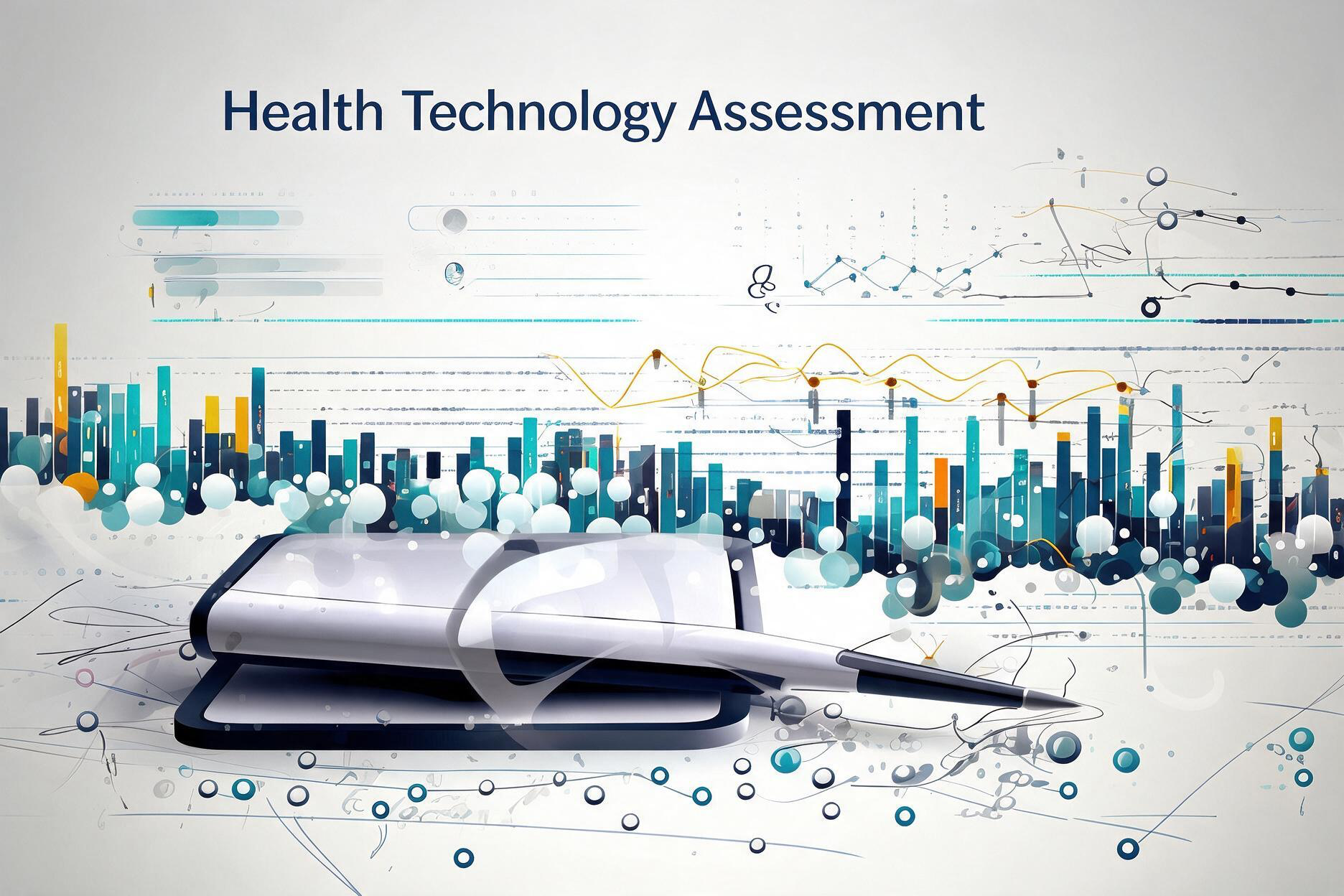 Health Technology Assessment, abstract visualization of data, charts, and a report